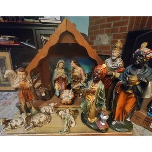 Vintage Sears Nativity Set Lighted Stable 13 Pieces Oh Holy Night Music Box